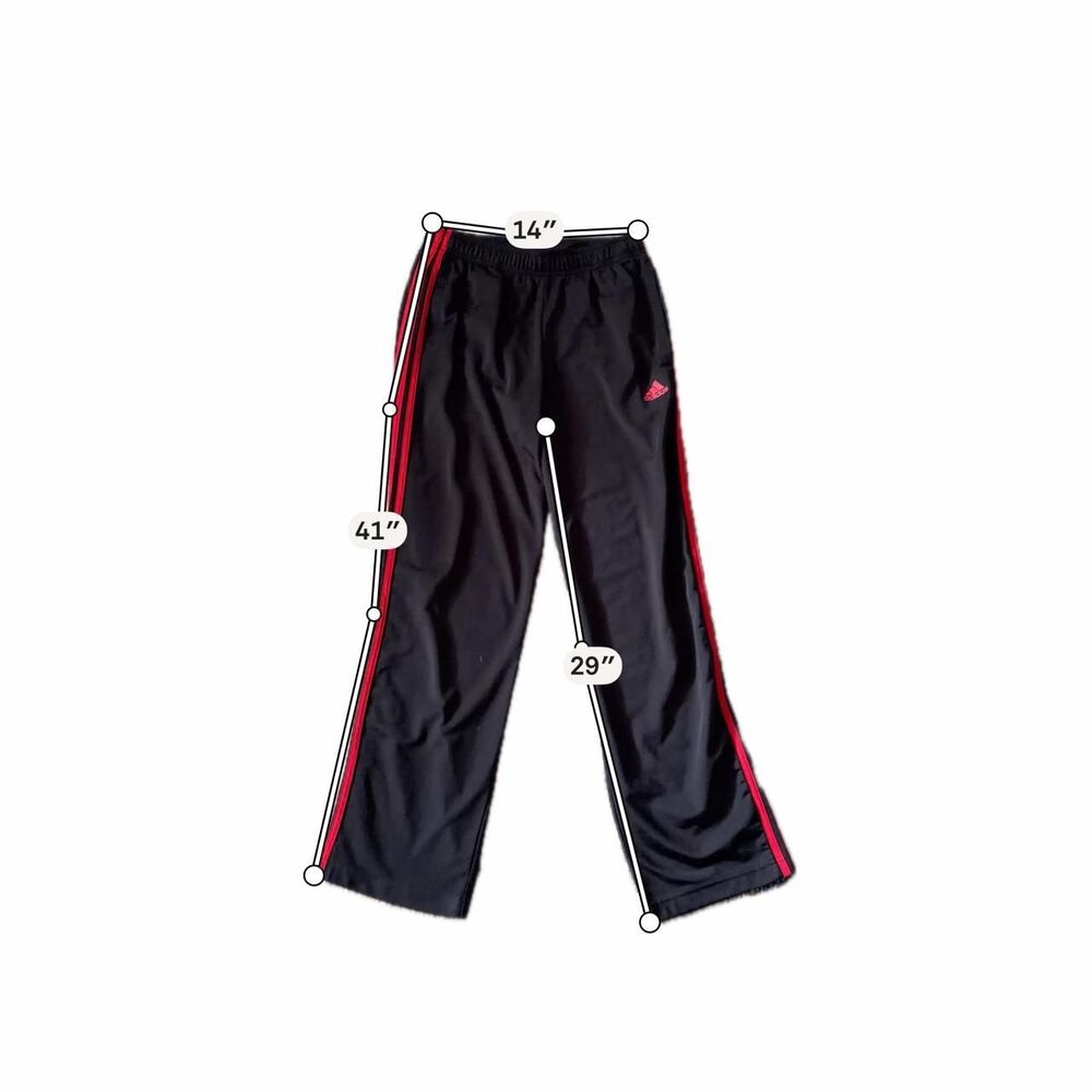 Adidas Black Track Pants Red Stripe Straight Leg Athletic Gym Workout Medium - Picture 2 of 7